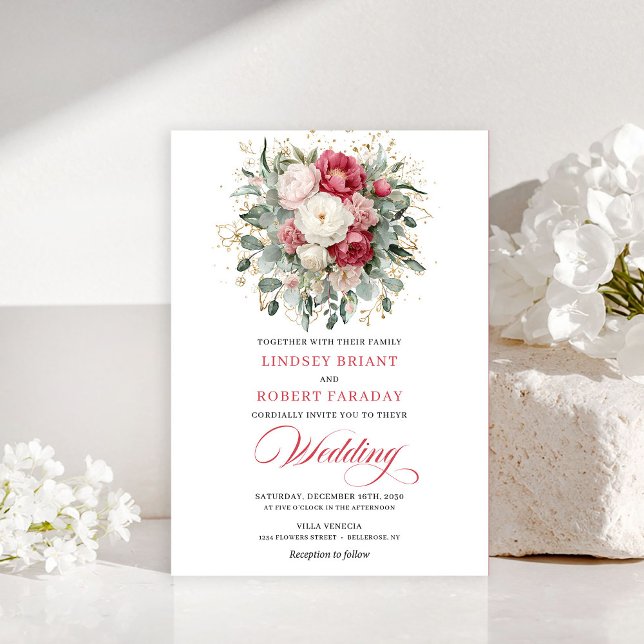 Invitation Mariage Bohème Romantique Rouge Blanc Verdure Or (Romantic Bohemian Red White Greenery Wedding Invitation)