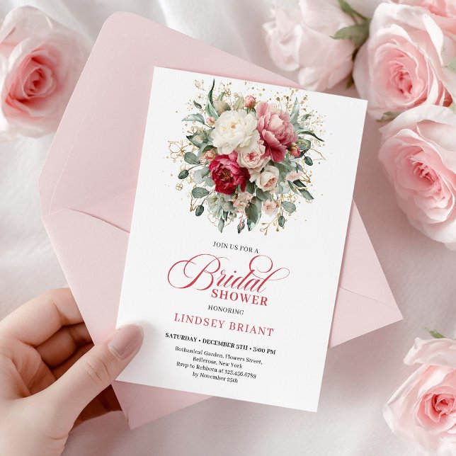 Invitation Mariage Bohème Romantique Vert Blanc Rouge Fête de (Romantic Bohemian Red White Greenery Bridal Shower)