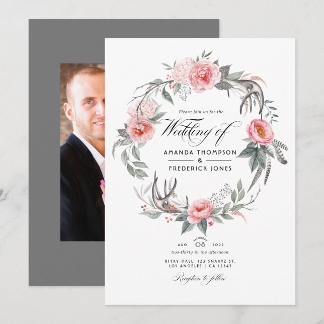 Invitation Mariage bohème rose et gris (Devant / Derrière)