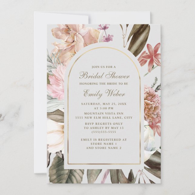 Invitation Mariage Bohème Rose Pâle Crème Fleurs Shower (Devant)