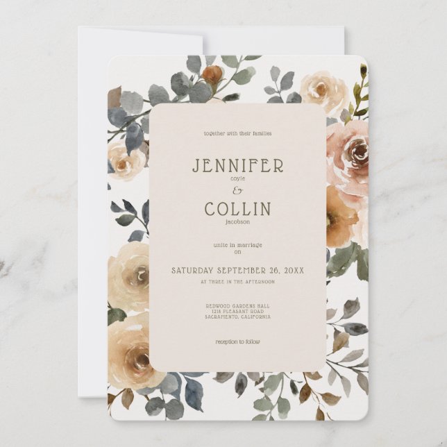 Invitation Mariage Bohème Roses Blanches Crème Vanille (Devant)