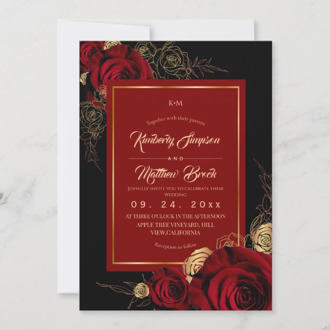 Invitation Mariage Bohème Roses Bourguignonnes Noires (Devant)