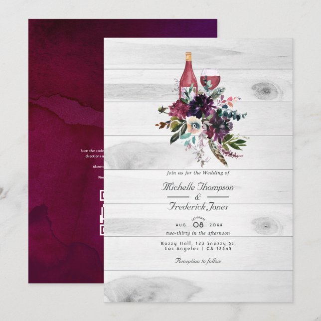 Invitation Mariage Bohème Rustique Code QR Vin de Prune RSVP (Devant / Derrière)
