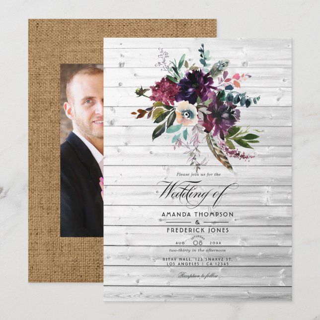 Invitation Mariage Bohème Rustique Fleur Violet Bordeau (Devant / Derrière)