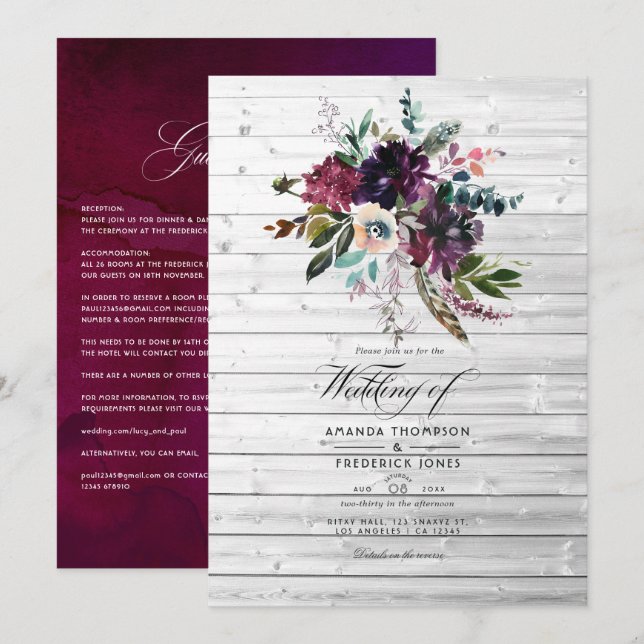 Invitation Mariage Bohème Rustique Fleur Violet Bordo (Devant / Derrière)