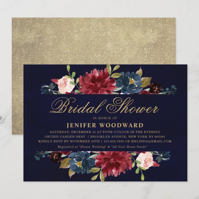 Invitation Mariage Bohème Rustique Fleurs Rouge Bourgogne Nav (Devant / Derrière)