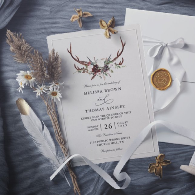 Invitation Mariage Bohème Rustique Floral Cerf Budget Code QR (Créateur téléchargé)