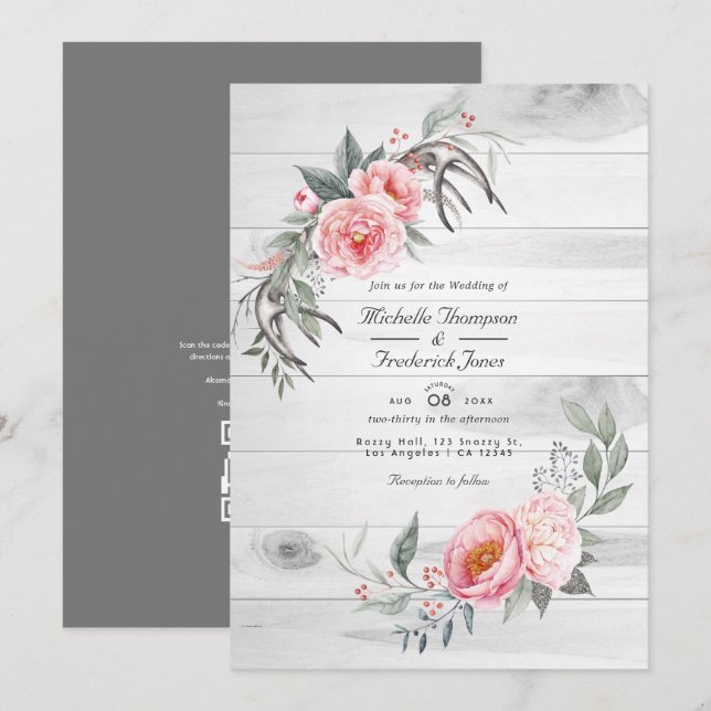 Invitation Mariage bohème rustique floral code QR rose et gri (Devant / Derrière)