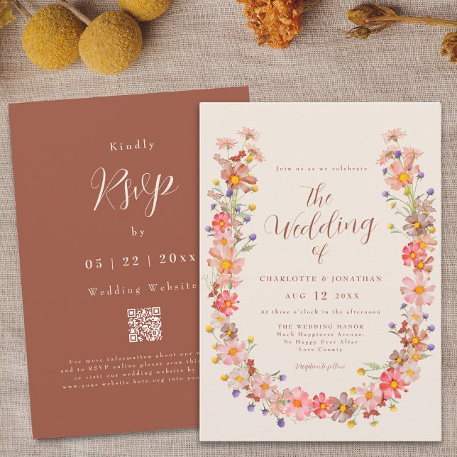 Invitation Mariage Bohème Rustique Floral d'Automne (Boho fall floral wreath qr code wedding invitation burnt orange and beige watercolor autumn flowers)