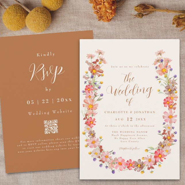 Invitation Mariage Bohème Rustique Floral d'Automne (Boho fall rustic wildflower elegant script qr code wedding invitation watercolor floral wreath )