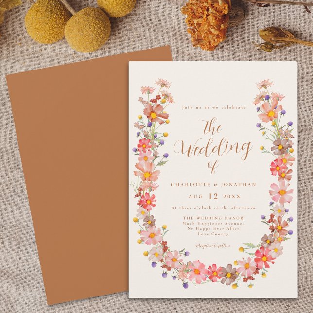 Invitation Mariage Bohème Rustique Floral d'Automne (Boho rustic floral wreath elegant script fall wedding invitation Watercolor wildflowers terracotta )