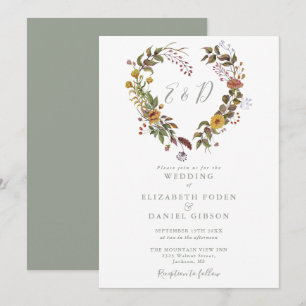 Invitation Mariage Bohème Rustique Floral Vert Sauge Coeur