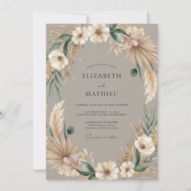 Invitation Mariage Bohème Rustique Taupe (Devant)