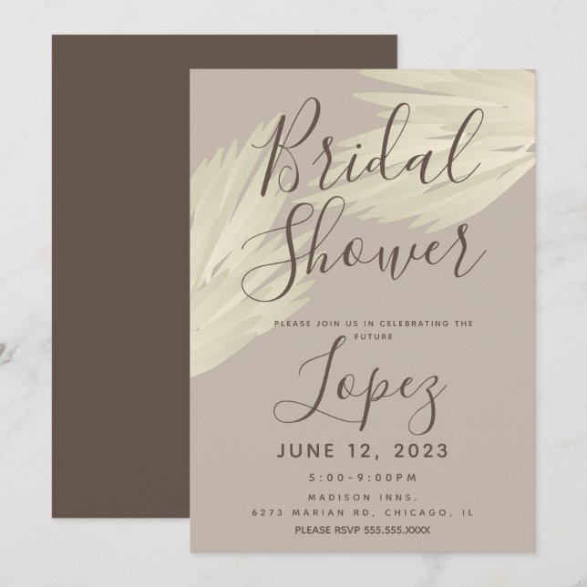 Invitation Mariage Bohème Simple Pampas Beige Marron (Devant / Derrière)