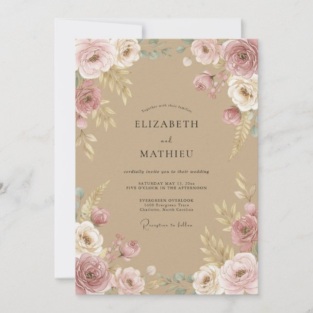 Invitation Mariage Bohème Tan Romantique (Devant)