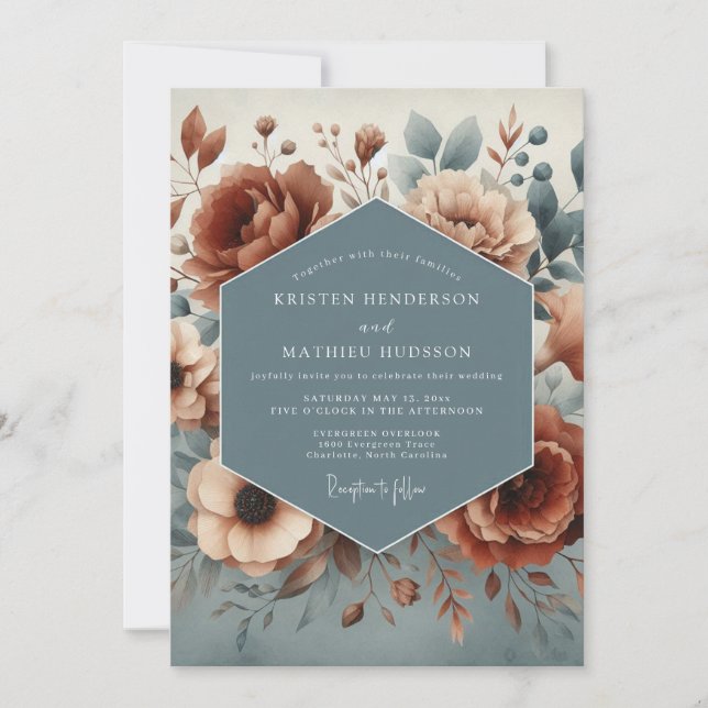 Invitation Mariage Bohème Terre Cuite Fleurie (Devant)