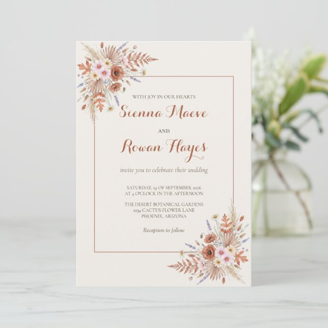 Invitation Mariage Bohème Terre Cuite & Herbe de Pampas (Debout devant)