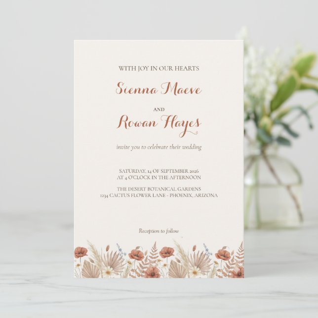 Invitation Mariage Bohème Terre Cuite & Herbe de Pampas (Debout devant)