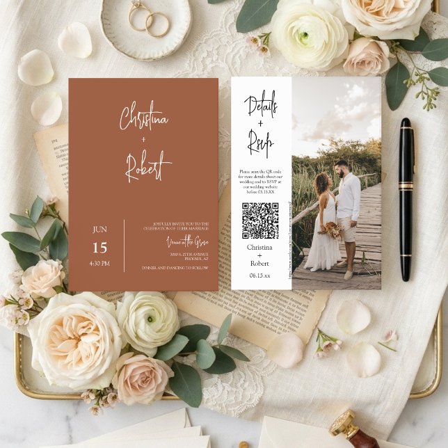 Invitation Mariage Bohème Terre Cuite Moderne Code QR RSVP Ph (Créateur téléchargé)