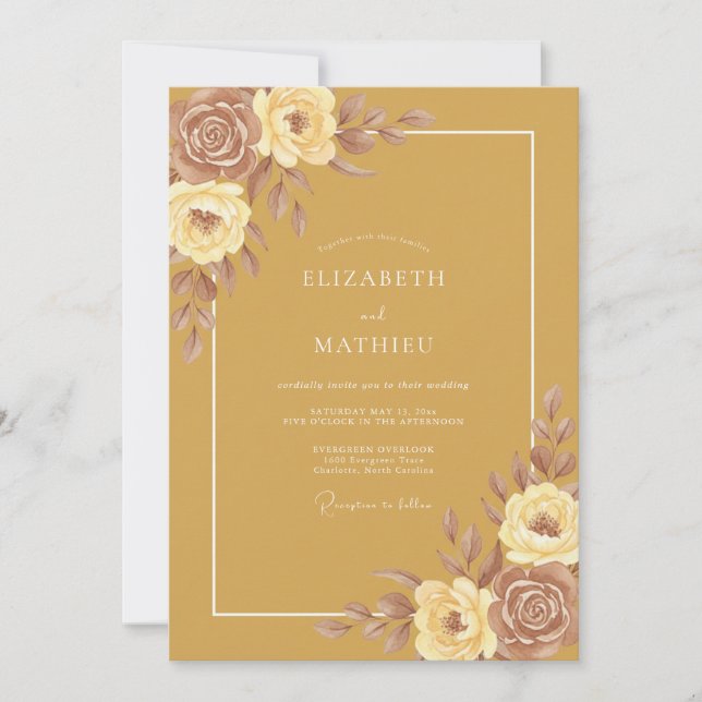 Invitation Mariage Bohème Terrien Jaune Soleil (Devant)