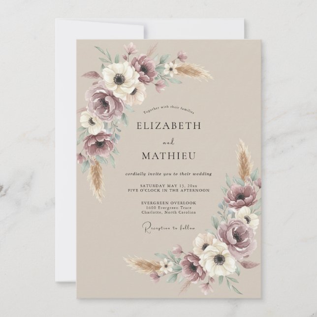 Invitation Mariage Bohème Terrien Mauve (Devant)