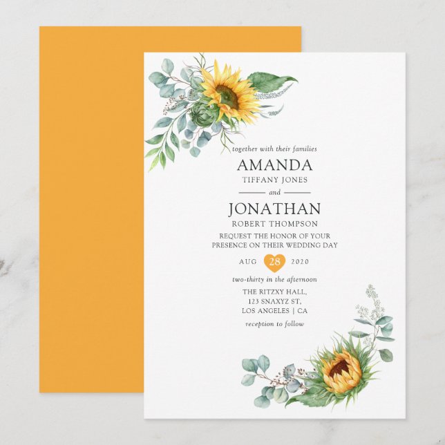 Invitation Mariage Bohème Tournesol Eucalyptus (Devant / Derrière)