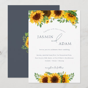 Invitation Mariage Bohème Tournesol Floral Ardoise Bleu