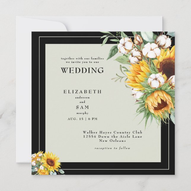 Invitation Mariage Bohème Tournesols & Coton Carré Noir (Devant)