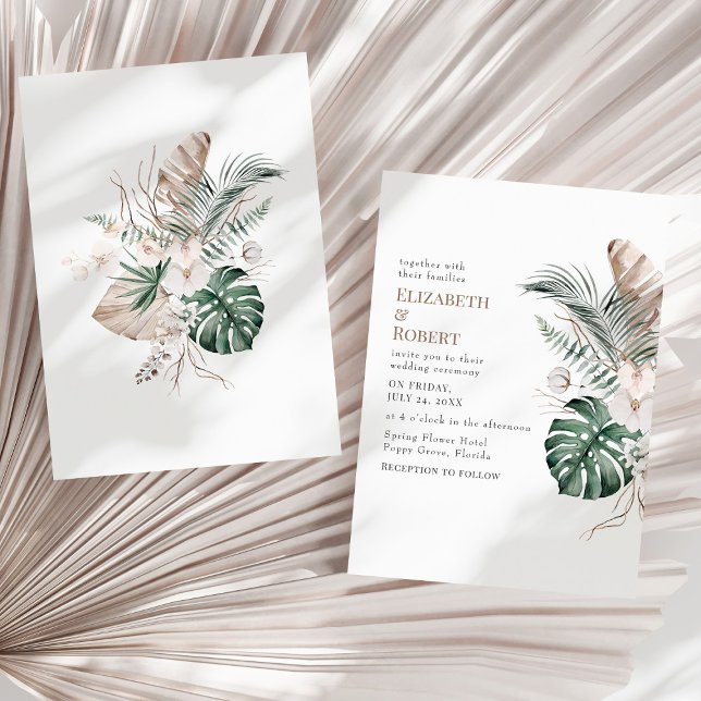 Invitation Mariage Bohème Tropical Orchidée et Monstera (Boho Tropical Orchid and Monstera Wedding Invitation on a sunny neutral dry palm leaf.)