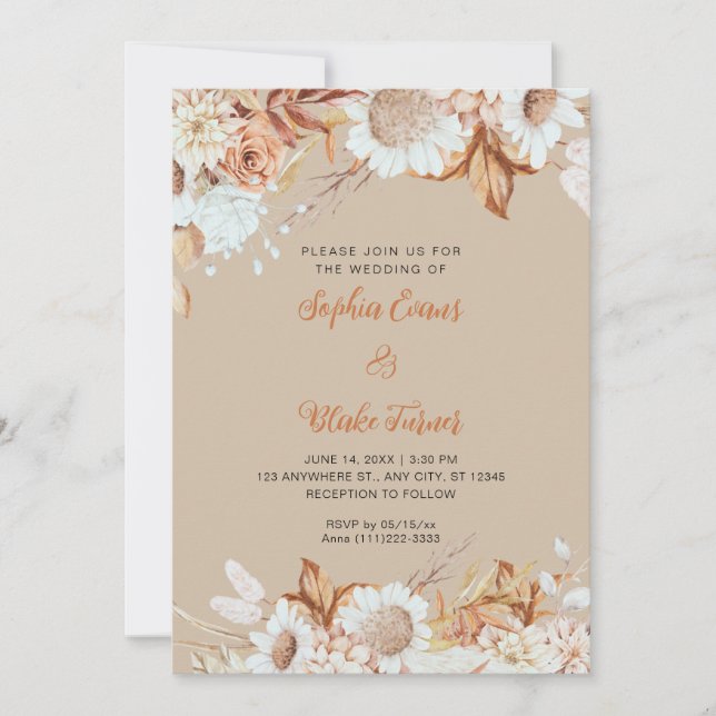Invitation Mariage Bohème Vanille Marron Blanc Fleurs Rustiqu (Devant)