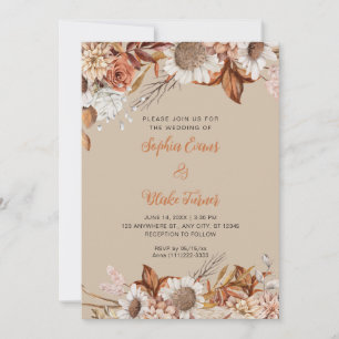 Invitation Mariage Bohème Vanille Marron Blanc Fleurs Rustiqu