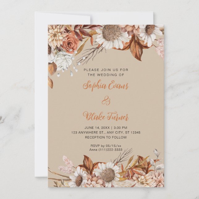 Invitation Mariage Bohème Vanille Marron Blanc Fleurs Rustiqu (Devant)