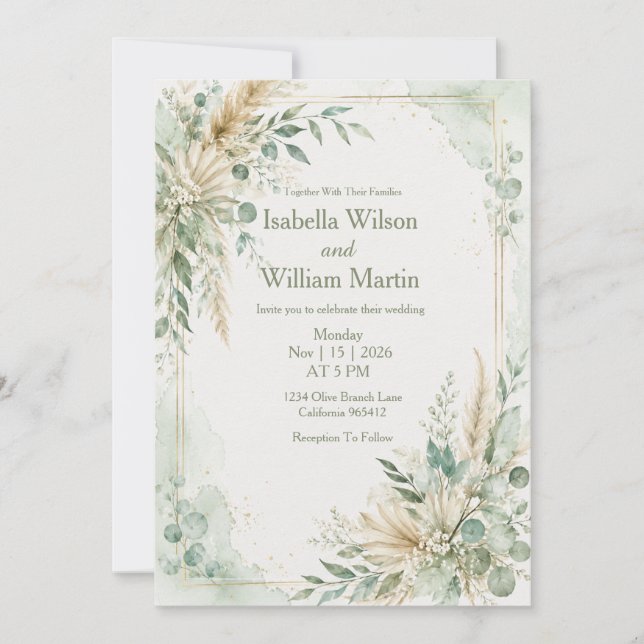 Invitation Mariage bohème vert menthe aquarelle (Devant)