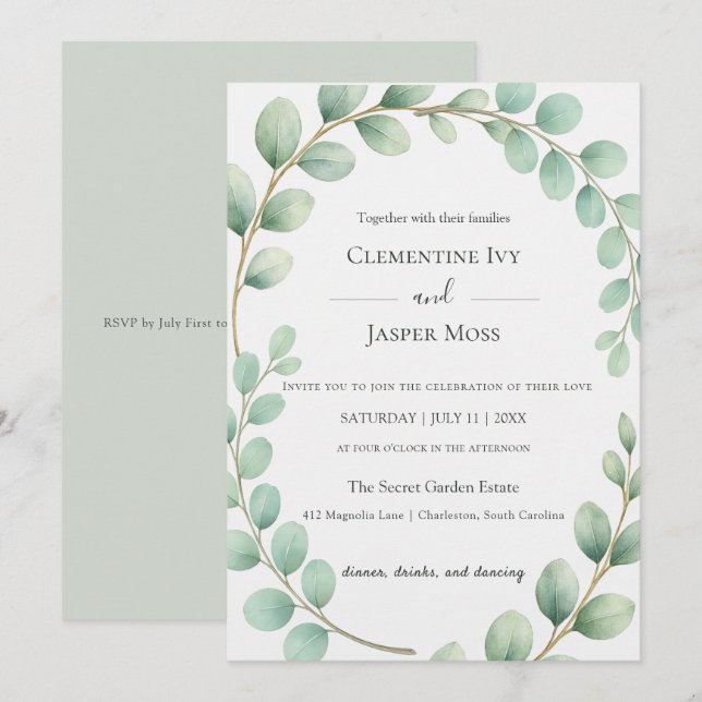 Invitation Mariage Bohème Vert Sage Eucalyptus Botanique (Devant / Derrière)