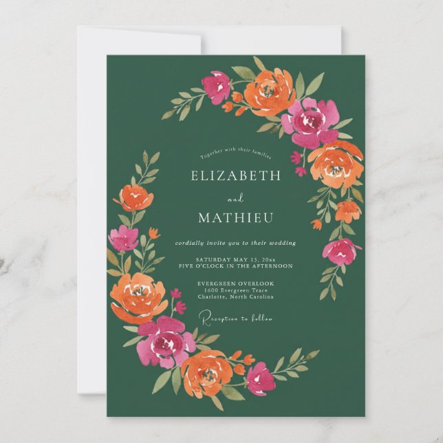 Invitation Mariage Bohème Vibrant Vert Foncé (Devant)