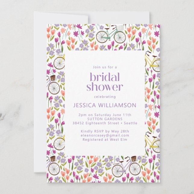Invitation Mariage Bohème Vintage Vélo Fleurs Délicates (Devant)