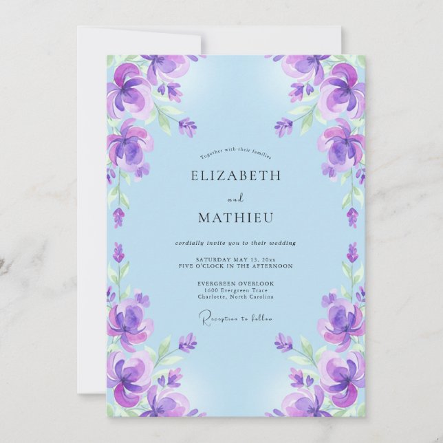 Invitation Mariage Bohème Violet Azur Peint (Devant)