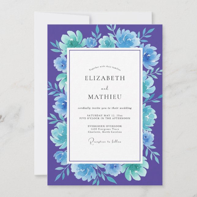 Invitation Mariage Bohème Violet Turquoise Bloom (Devant)