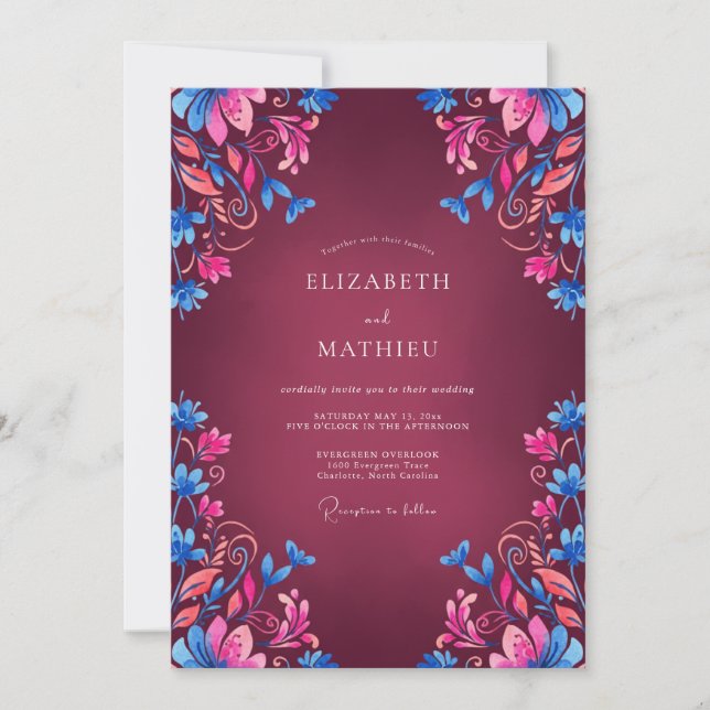 Invitation Mariage Bohème Vivid Bordeaux (Devant)