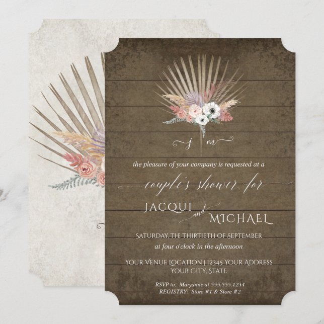 Invitation Mariage BOHO Blanc Floral Palmier Rustique Bois Co (Devant / Derrière)