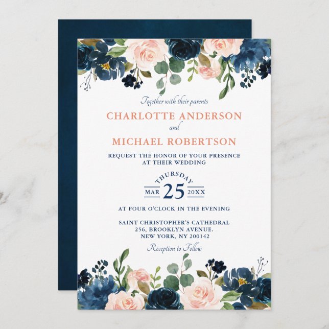 Invitation Mariage Boho bleu bleu bleu rose bleu marine (Devant / Derrière)