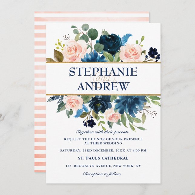 Invitation Mariage Boho bleu bleu bleu rose bleu marine (Devant / Derrière)