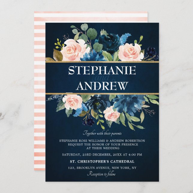 Invitation Mariage Boho bleu bleu bleu rose bleu marine (Devant / Derrière)