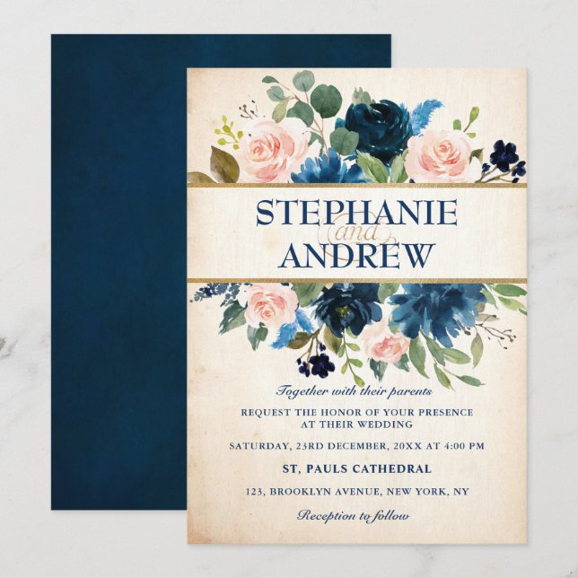 Invitation Mariage Boho bleu bleu bleu rose bleu marine (Devant / Derrière)