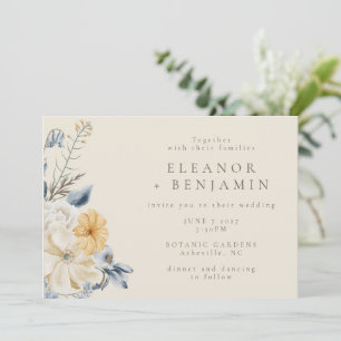 Invitation Mariage Boho bleu rustique jaune Floral