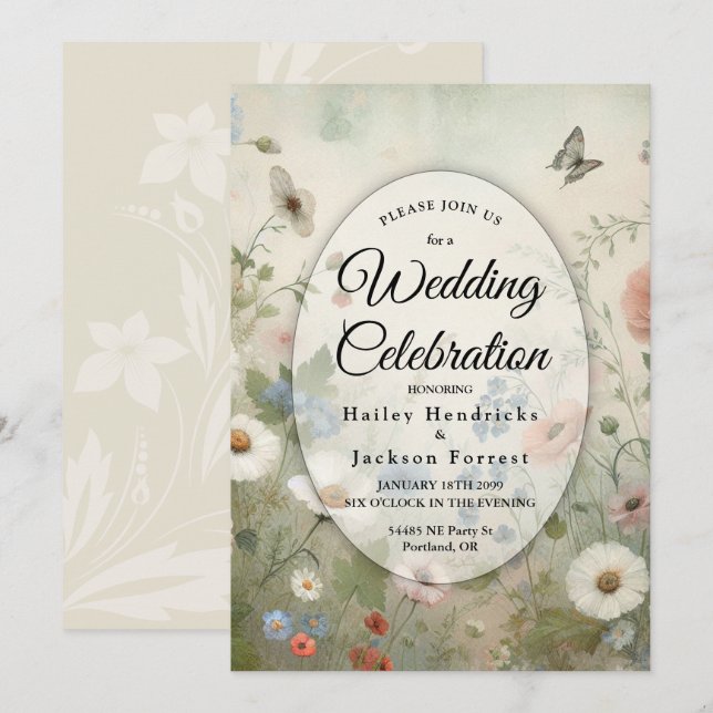 Invitation Mariage Boho Blooms et Vœux Vintage (Devant / Derrière)