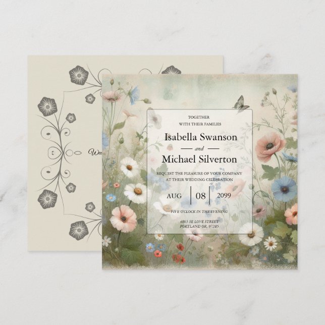 Invitation Mariage Boho Blooms et Vœux Vintage (Devant / Derrière)