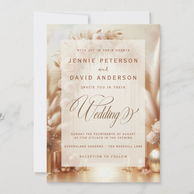 Invitation Mariage Boho Blush Roses Pampas Or Arceau (Devant)