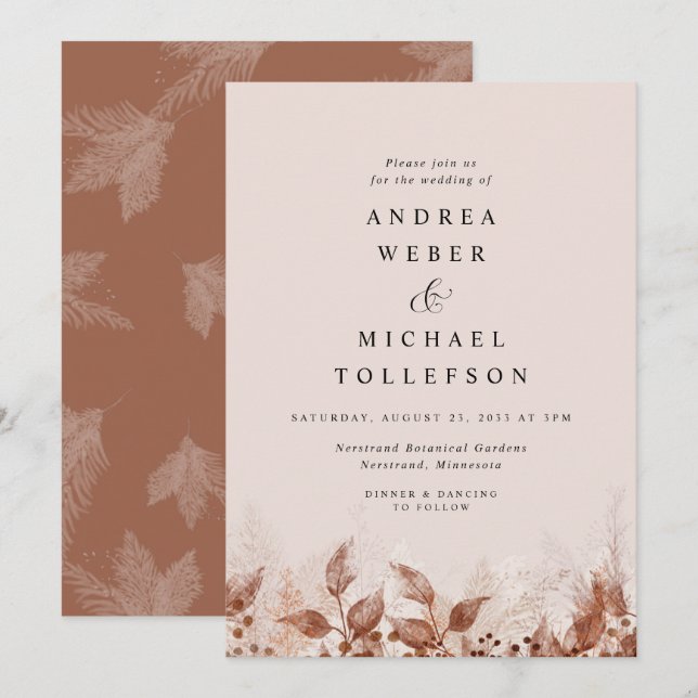Invitation Mariage Boho Brown Tan Rust Pampas Grass (Devant / Derrière)
