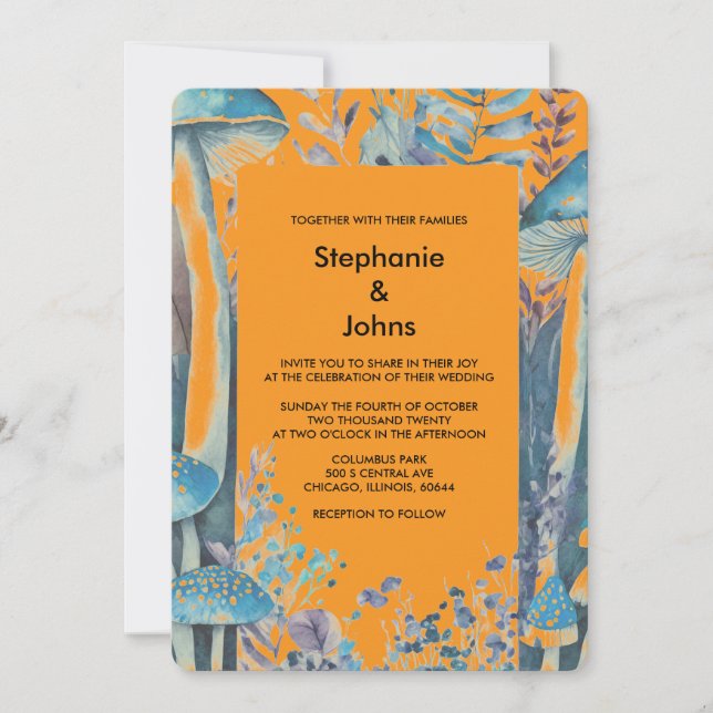 Invitation Mariage Boho de champignon bleu et orange Dusty (Devant)